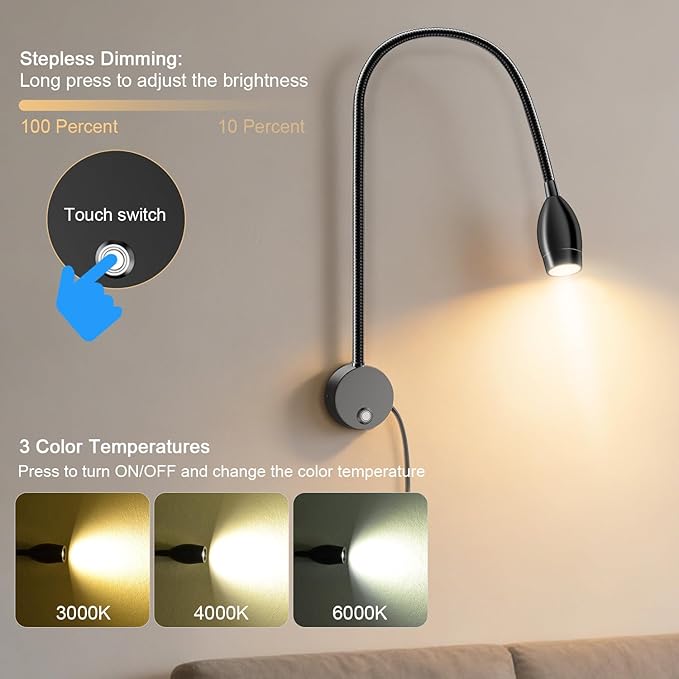 ERAY 1 Pack Plug-in LED Wall Mounted Bedside Reading Light for Bed | Touch Control, 3 Dimmable, 360°Flexible Gooseneck Headboard Book Reading Night Lamp Wall Sconce,Eye-Caring, 3000k-6000k