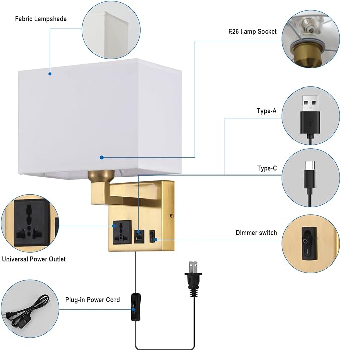 Plug in Wall Sconces, Wall Lamp with Brass Base Square lampshade | Wall Lamps for Bedroom Bulb Included, Wall Mounted Lamp with 3 Color Temperature, Bedside Lamps with USB Ports and AC Outlet