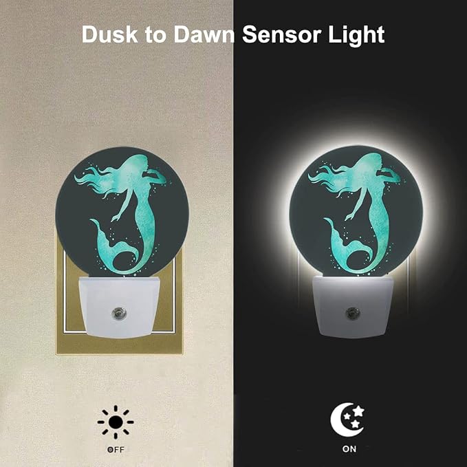 EKOBLA Mermaid Night Light, Green Fish Scale Ocean Theme Night Lights Plug Into Wall with Auto Sensor for Teens and Girls Bedroom