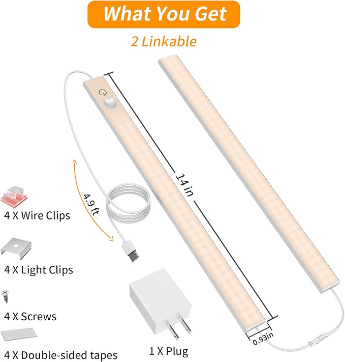 USB Plug-in Motion Sensor Light, Night/Day/ON Modes, Bright&Dimmable | 2-Row LED, 14" Under Cabinet Lighting Indoor for Kitchen, Cabinet, Closet - 3000K Warm White, 2-Bar Linkable