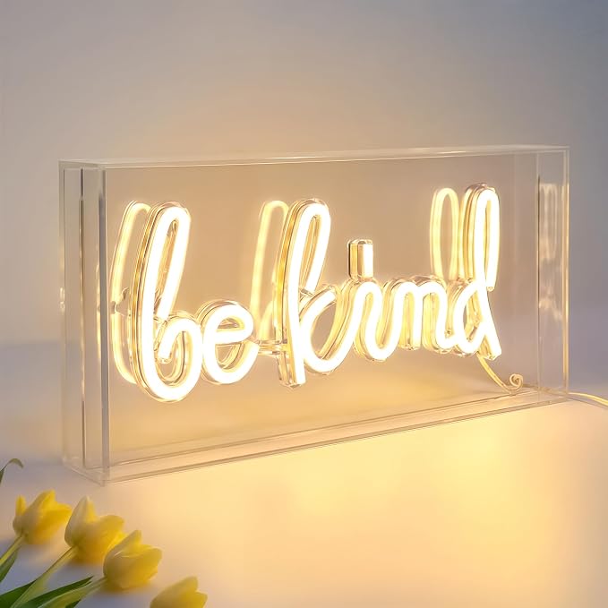 Be Kind Neon Sign, USB Powered LED Neon Light Box with ON/OFF Switch, 3D Acrylic Tabletop and Wall Decor for Girls Room, Bedroom, Classroom, Dorm, Home Office, Shelf, Christmas Birthday Gift (Warm White)