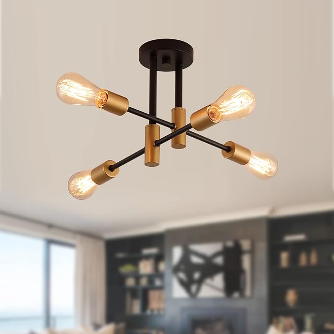 Black and Gold Modern Sputnik Chandelier Ceiling Light Fixtures,4-Lights Mid Century Industrial Metal Semi Flush Mount Ceiling Lights for Bedroom Kitchen Hallway Entryway Office UL Listed
