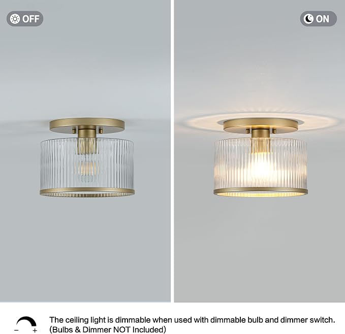 Zlepmlla Glass Ceiling Light, Clear Ribbed Glass Ceiling Light Fixture with Gold Metal Frame, Modern Semi Flush Mount Ceiling Light for Hallway,Entryway, Bedroom, Bathroom, Kitchen