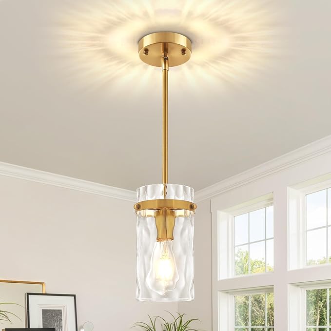 Brushed Gold Pendant Lights Kitchen Island, Modern Hammered Glass Pendant Lighting Over Island Adjustable Kitchen Hanging Light Fixtures Mini Pendant Light for Bathroom Dining Room Hallway Foyer