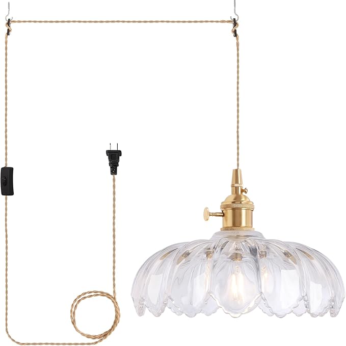 Plug in Pendant Light Hanging Light Fixtures with Plugin Cord On/Off Switch,Clear Scindapsus Glass Lampshade Brass Pendant Light