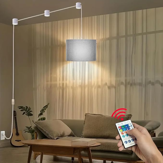 15FT Plug in Pendant Light with Switch,Hanging Lamp with Plug in Cord, Hanging Light Pendant Lamp with Remote Control，Pendant Light Fixture for Living Room Bedroom Farmhouse (Grey x2)