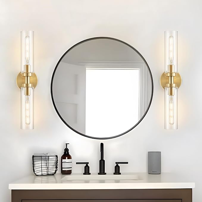 Lanhall 2-Light Brushed Brass Gold Bathroom Light Fixtures Over Mirror Modern Vanity Light Wall Lighting with Clear Glass Shade for Bathroom, Bedroom, Hallway, Cabinet