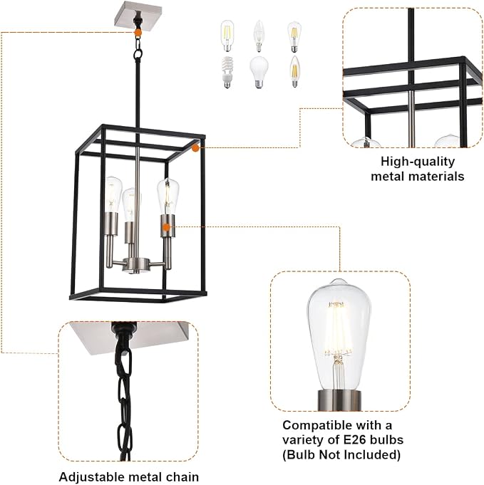 3 Lights Lantern Kitchen Island Pendant Lighting in Black and Brushed Nickel Finish, Industrial Hanging Lantern Chandelier for Dining Room Living Room Adjustable Height