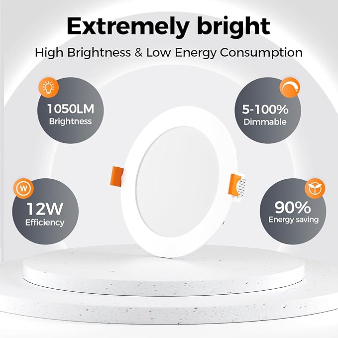 CHARKEE 48 Pack 6 Inch 5CCT Ultra-Thin LED Recessed Ceiling Light with Junction Box, 2700K-5000K, 1050LM High Brightness, Dimmable Canless Wafer Downlight,12W Eqv 110W, ETL & Energy Star & FCC
