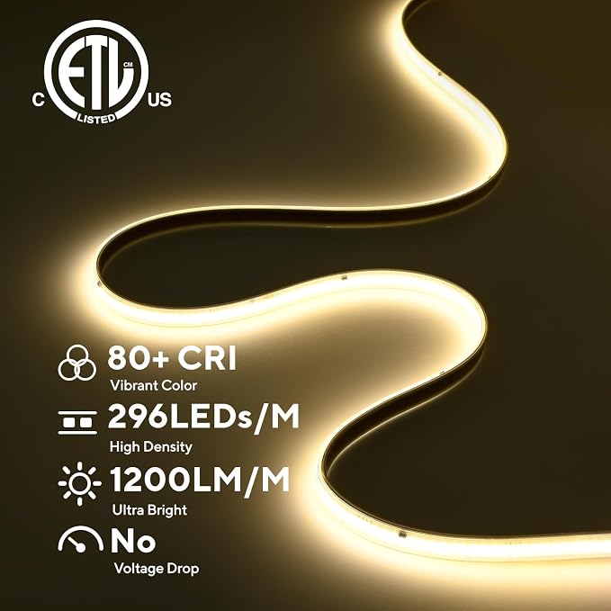 ETL COB LED Rope Light IP65 AC 120V 65.6FT 1200lm Ultra Bright 4000K White | IP65 Cold-Resistant ETL Light Strip No Driver Tape Lighting for Home Commercial LED Strip Light 4000K Natural White 2x32.8FT