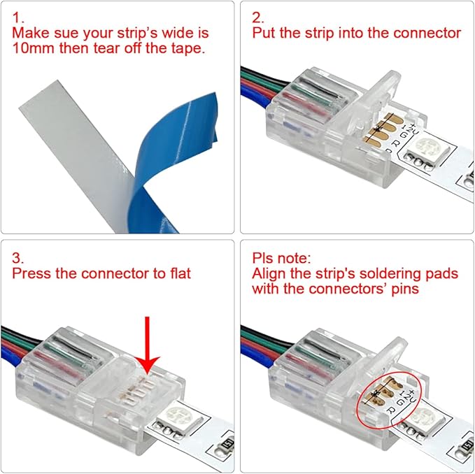 HAMRVL 12 Pack COB Led Strip Light Connectors, 4 Pin, Led Strip to Wire Solderless Transparent Track Lighting Adapter, 6M/19.68ft Led Wire Extension Cable for RGB 5050 Led Tape, 12/24V