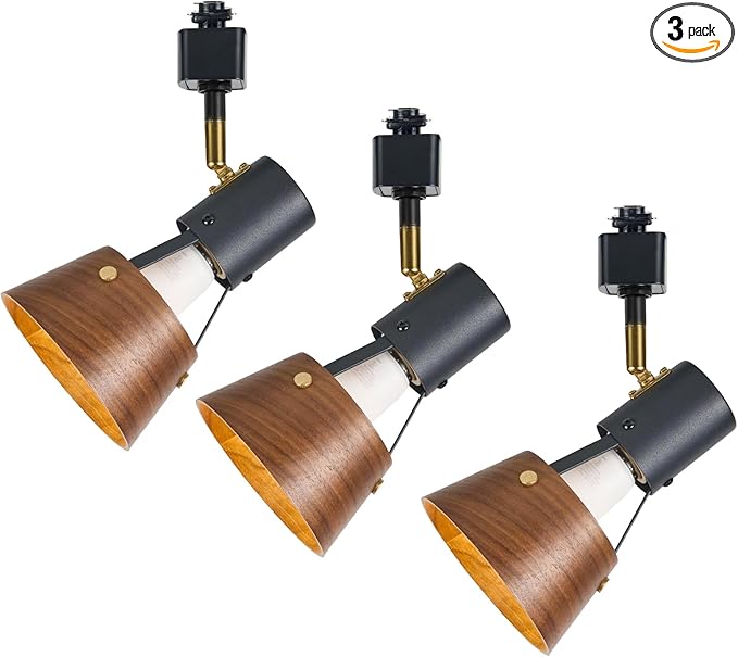 TeHenoo Modern H Type Track Lighting, Adjustable Track Heads,Matte Black Finish and Natural Wood Lampshade Spotlights, E26 Socket,Brass Swivel Item Kit, for Accent Retail-Pack of 3