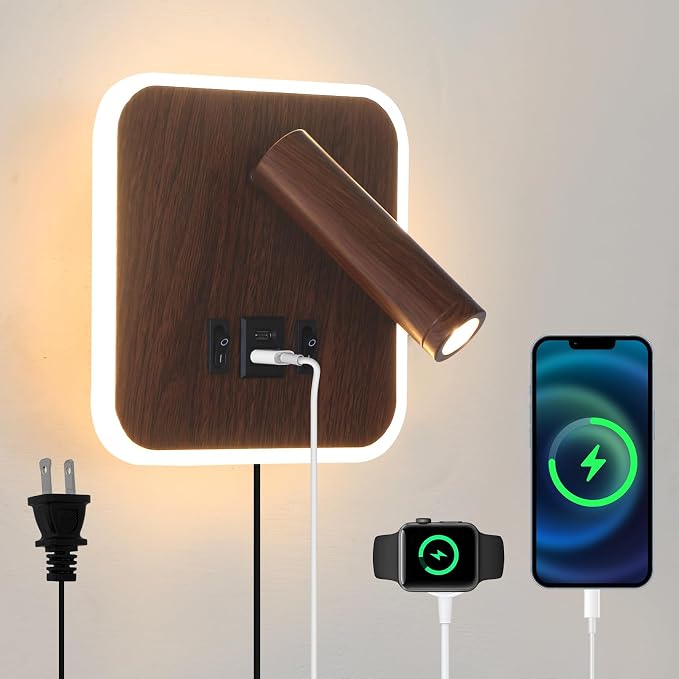Plug in Wall Sconce with Wall Mounted Reading Lights with Switch | Wall Lamp for Bedroom with Charging Station USB C+A Ports,Bunk Bed Lights with 3W+9W Night Light,Walnut Color Reading Light