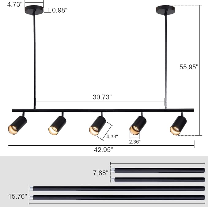 5-Light LED Track Lighting Kit Black Track Light Flexibly Rotatable Light Head Modern Spot Lighting for Kitchen Living Room Dining Room Bedroom Closet Bar
