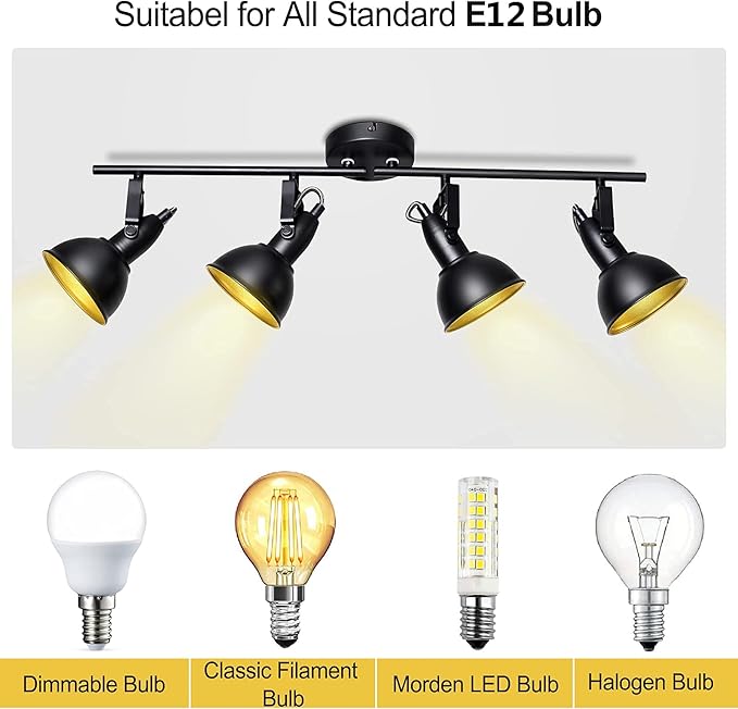 HiBay Track Lighting Fixtures Ceiling, Adjustable 4-Light Track Light Kit, Industrial Spotlight Black for Kitchen Dining Room Bedroom Hallway, E12 Base (Bulbs Not Included)
