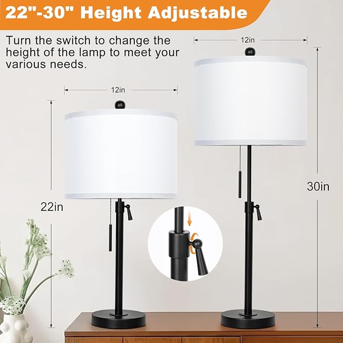 Table Lamps for Bedrooms Set of 2, 22" to 30" Height Adjustable Nightstand Lamps with Linen Shade, Pull Chain Switch Lamps for Living Room, 3 Way Dimmable Bedside Lamp