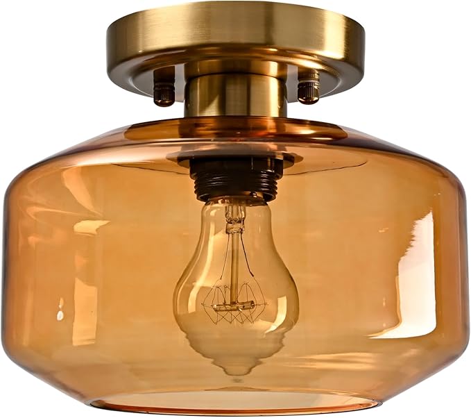 Mid Century Modern Ceiling Light Amber Glass Vintage Mount Light Fixture Small Pumpkin Glass Ceiling Light for Kitchen Dining Laundry Room Foyer Porch