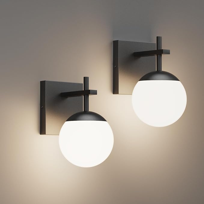 Ralbay Black Indoor Wall Sconces Set of 2,Mid Century Modern Bathroom Wall Lighting Fixtures Milky Glass Wall Lamp for Bedroom Living Room Vanity Hallway, Matte Black (Exclude Bulb)