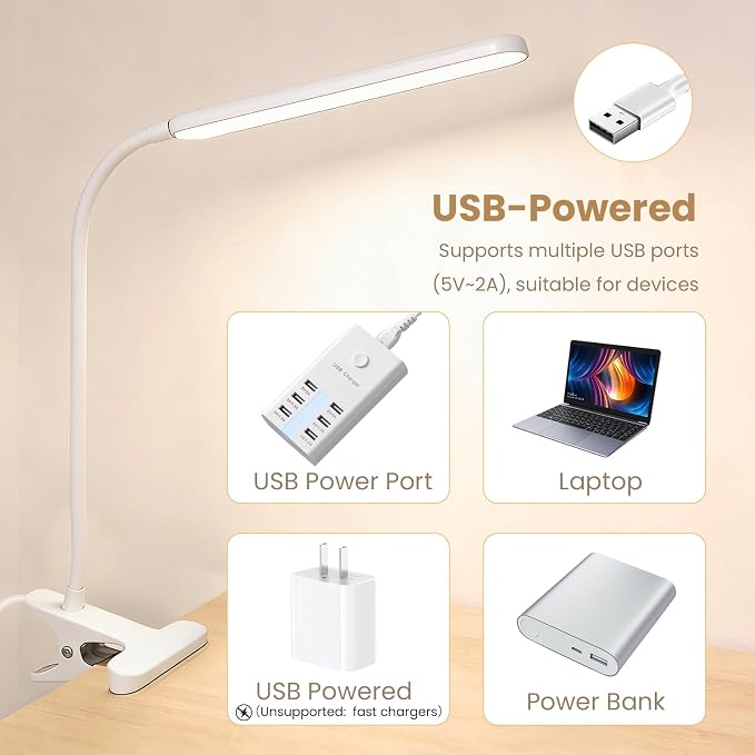 Clip on LED Light for Easel Painting & Nail Tech, White | 3 Color Modes,10 Brightness Levels,USB Powered,Clamp Lamp for reading,Artists, Manicurist and Desk