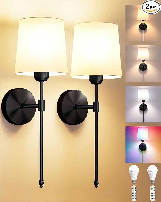 Battery Operated Wall Sconces Set of 2, Wireless Rechargeable Dimmable Wall Light with 5600mAh RGB Bulb and Remote for Bedroom, Living Room, Hallway, Black, 24in