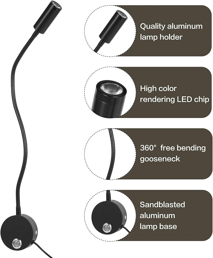 Reading Light for Bed, Wall Mounted Reading Lights with 15" Flexible Gooseneck, Touch Control, 3 Colors Temperature and Stepless Dimmable, Plug in Headboard Book Light(2 Pack)