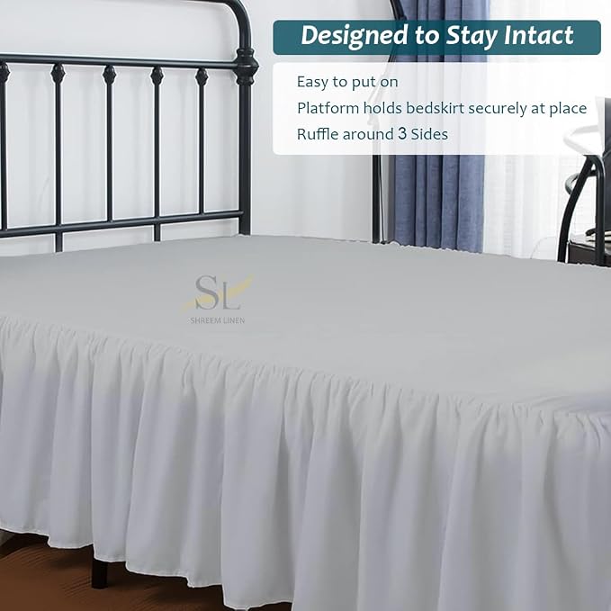 Shreem Linen Ruffled Bed Skirt with Split Corners, Gathered Style, 100% Microfiber, 18-Inch Drop, Dust Ruffle Bedskirt with Platform, Queen, Light Grey