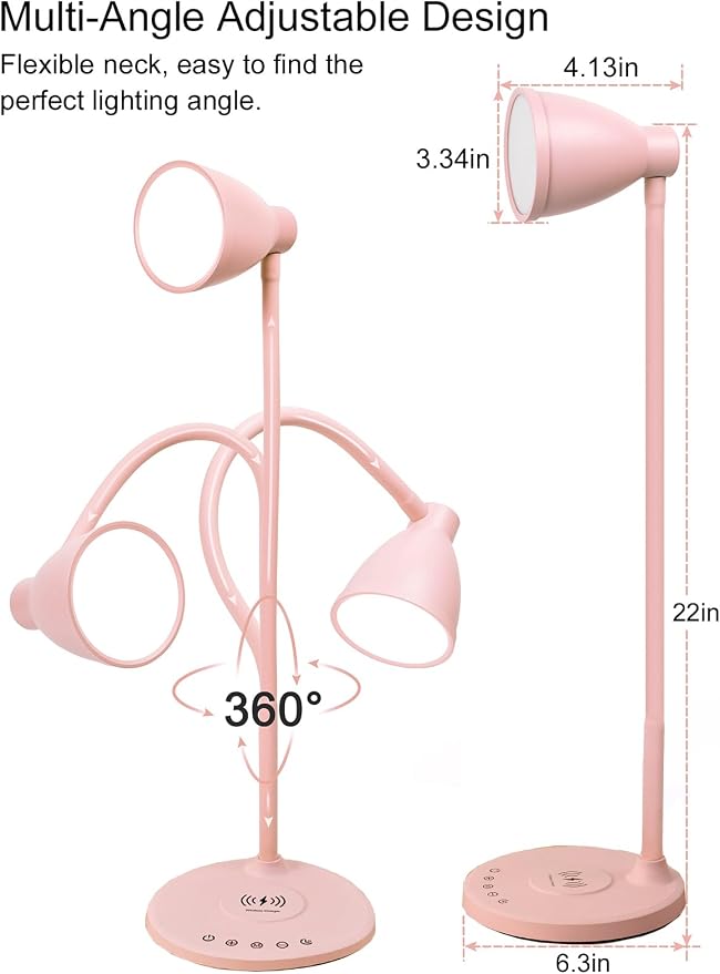 BOHON Cute Desk Lamp for Home Office with USB C+A Charging Port Timer Pink | LED Desk Light with Wireless Charger 5 Colors Stepless Dimming Reading Light Touch Bedside Table Lamp for College Dorm Room