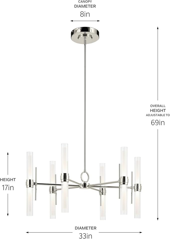 Kichler Riven LED 12-Light Chandelier with Clear Fluted Glass in Polished Nickel, Sloped Ceiling Compatible, for Kitchen or Dining Room (17" x 33"), 52752PNLED
