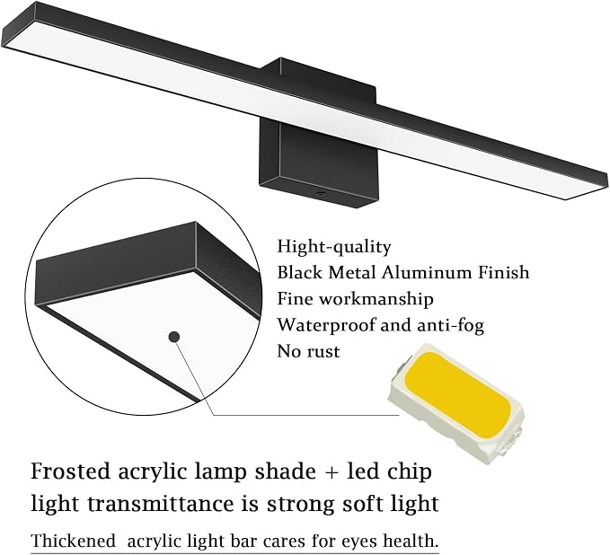 Ralbay 5 Color Temperature Dimmable LED Modern Bathroom Vanity Light Bar 24inch Matte Black Modern Acrylic Bathroom Wall Lighting Fixtures Over Mirror