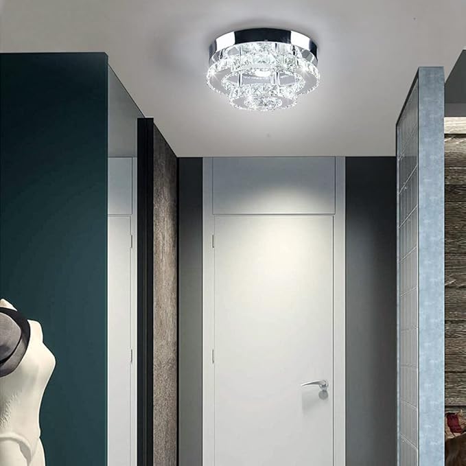 Mini Chandelier LED Crystal Ceiling Light 2 Layers Flush Mount Ceiling Light Modern Chandelier Lighting for Hallway Staircase Kitchen Bathroom (Cool White)