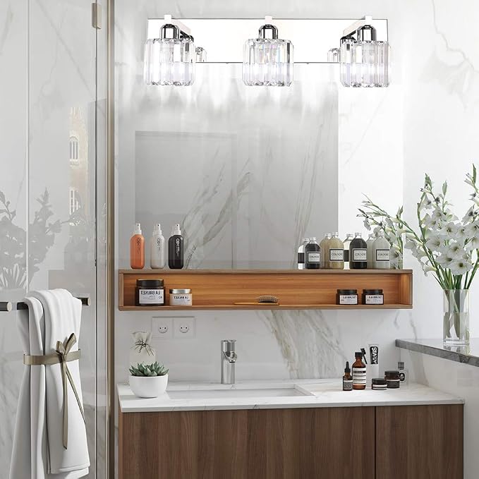 Aipsun Crystal Vanity Light Fixtures Modern Vanity Light for Bathroom Crystal Bathroom Lighting Fixture Wall Light Over Mirror 3 Lights(Not Include Bulb)