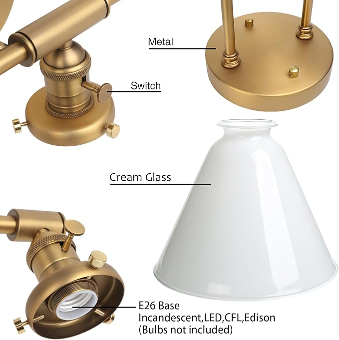 Vintage Industrial 3-Light Bathroom Vanity Light with Milk Glass lampshade – Antique Brass Wall Sconce for Over Mirror, E26 Socket, Dimmable Compatible, Hardwired Installation