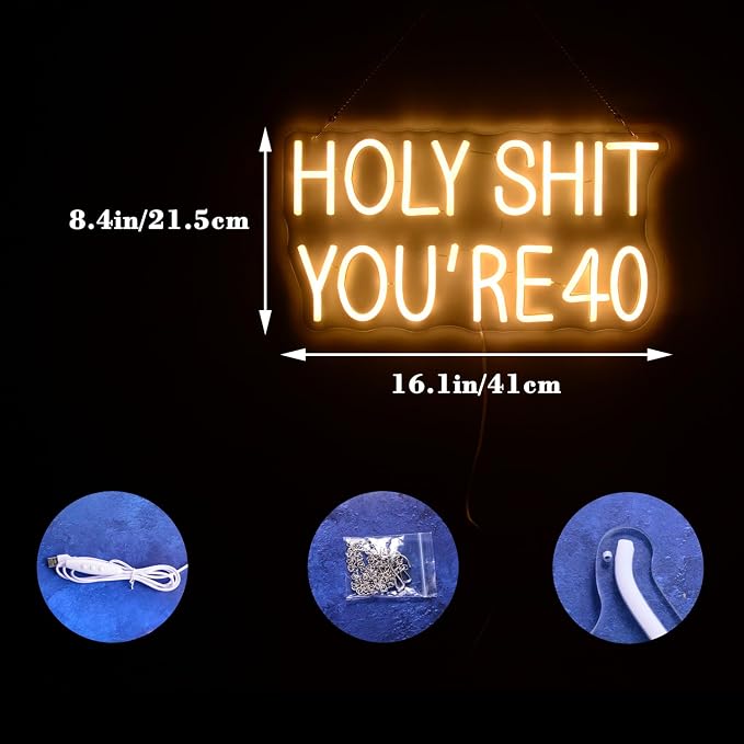 40th Birthday Neon Lights Holy Shit You're 40 LED Signs Forty years old for 40th Wedding Anniversary Party Decorations Warm LED Light for Wife, Mom, Daughter, Sister, Aunt