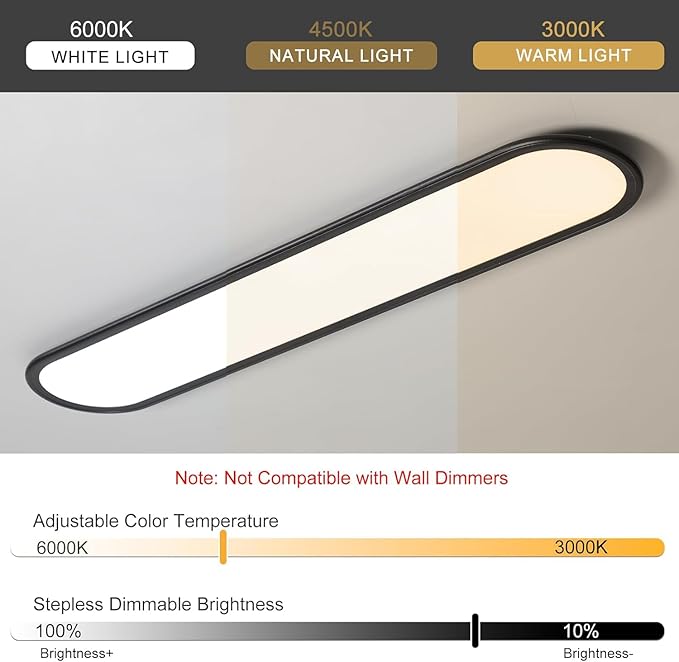 LED Flat Panel Long Ceiling Light Fixture for Shop Lighting, 47.24" High Brightness Linear LED Ceiling Lamp, 51W Dimmable Low Profile Flush Mount Ceiling Light for Laundry Kitchen Office, Black