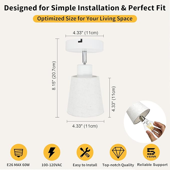 HiBay 1-Light Ceiling Track Lighting Fixture Farmhouse, Modern White Directional Flush Mount Spotlight w/Linen Shade for Bedside Picture Studio Art, E26 Base (Bulbs Not Included)