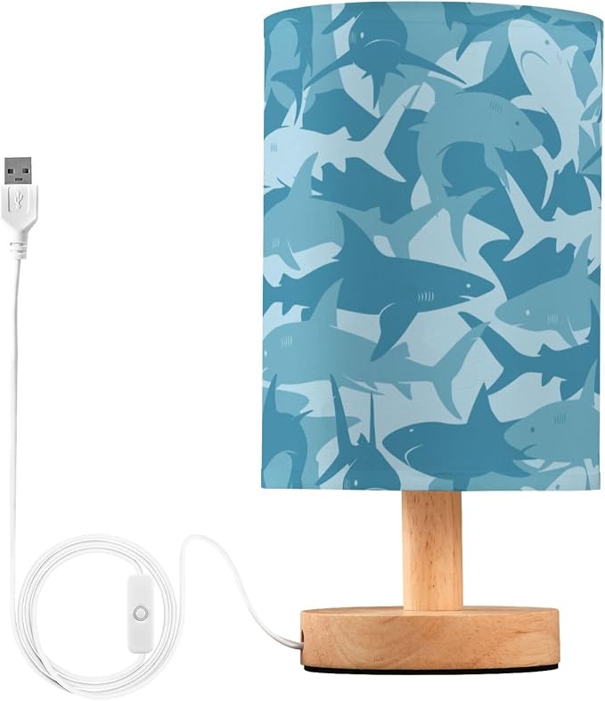 Table Lamp Blue Shark Pattern Marine Animal Nightstand Lamp with Wood Base Fabric Lamp Shade Bedside Desk Lamp for Living Room Bedroom Kids Room Office