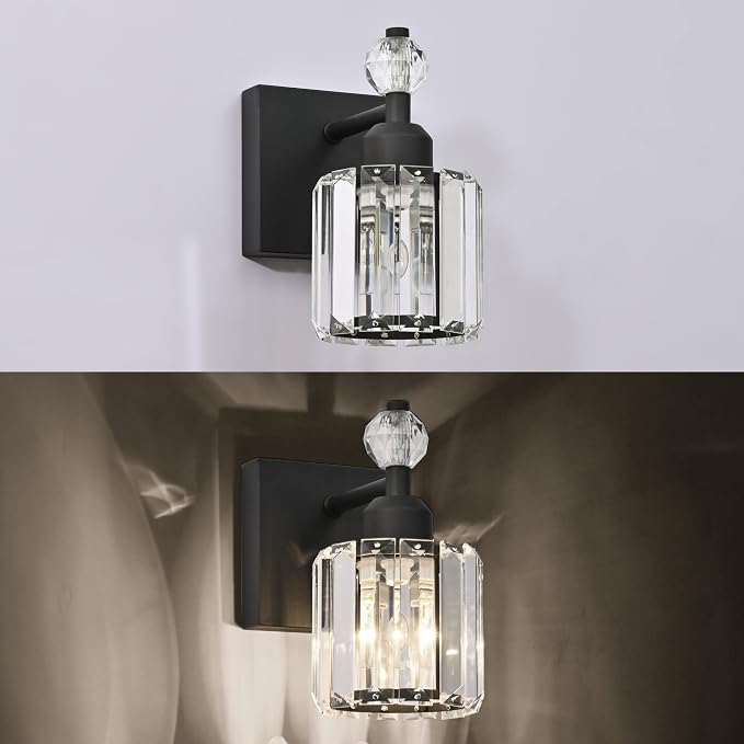 PRESDE 1-Light Bathroom Vanity Light, Modern Matte Black Wall Sconce with Crystal Shade, Single Wall Lamp for Over Mirror Bedroom Hallway