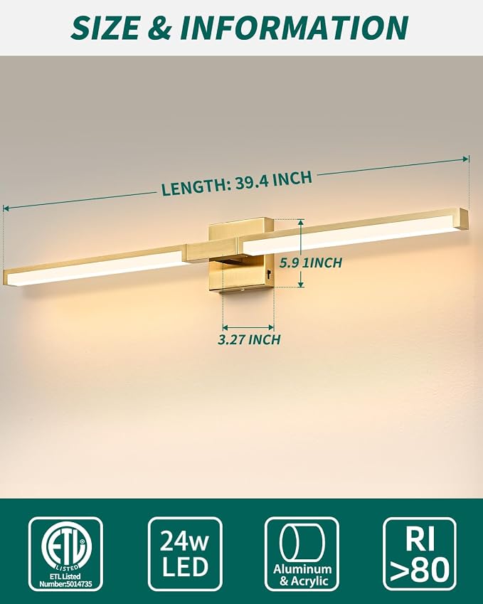 40 Inch Bathroom Vanity Light Fixtures, Gold Modern Light Fixtures Over Mirror, 24W 5CCT Dimmable Wall Light