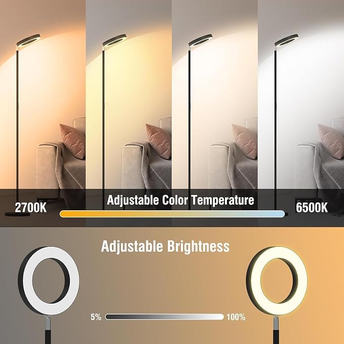 42W Dual-Sided Floor Lamp, RGB Color Changing LED Standing Lamp with Remote, Stepless Dimmabe Warm/Neutral/Cool Floor Light, Modern Torchiere Tall Lamps for Living Room Bedroom Gaming Party