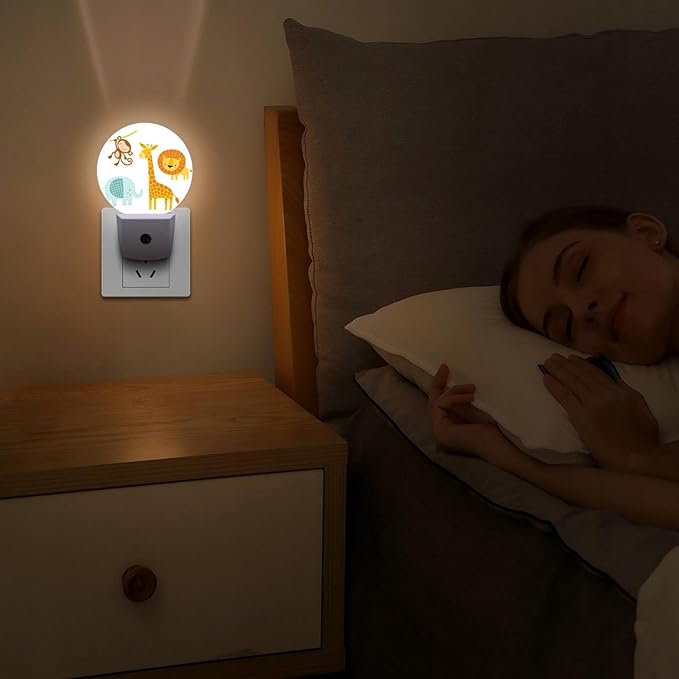 Round LED Night Light,Cute Jungle Animal LED Night Light Plug into Wall with Dusk to Dawn Light Sensor White Energy Efficient Nightlight for Bedroom Bathroom Hallway Living Room Kitchen