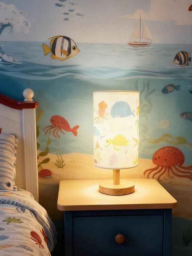 Ocean Lamp,Ocean Kids Table Lamp for Bedroom Bedside Lamps,Gifts for Sea Lovers-3 Color LED Nightstand Night Light with Cartoon Flaxen Fabric Shade Desk Lamp for Girls Boys Room Nursery Decor