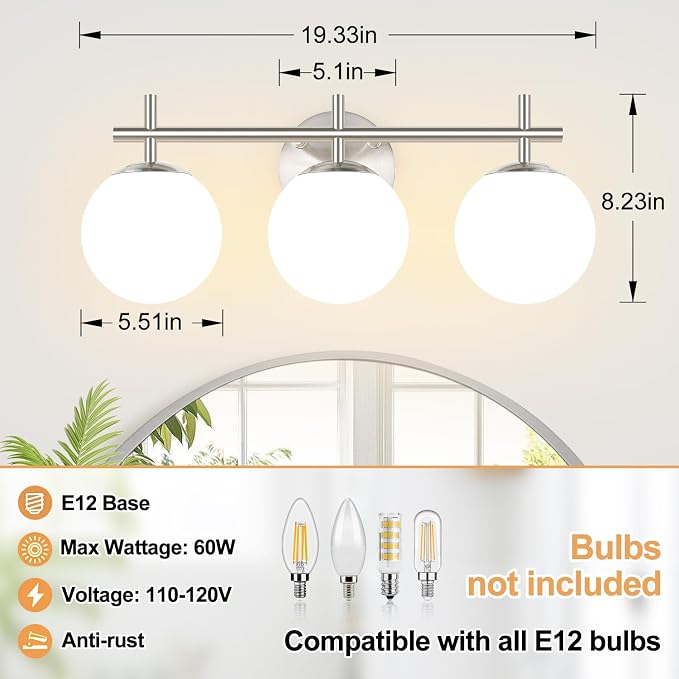 3-Light Bathroom Light Fixtures with Milky White Glass, Brushed Nickel | 19.3 inch Vanity Lights for Bathroom, Bathroom Lighting Fixtures Over Mirror, Wall Sconce, Fits E12 bulbs(Bulb Not Included)