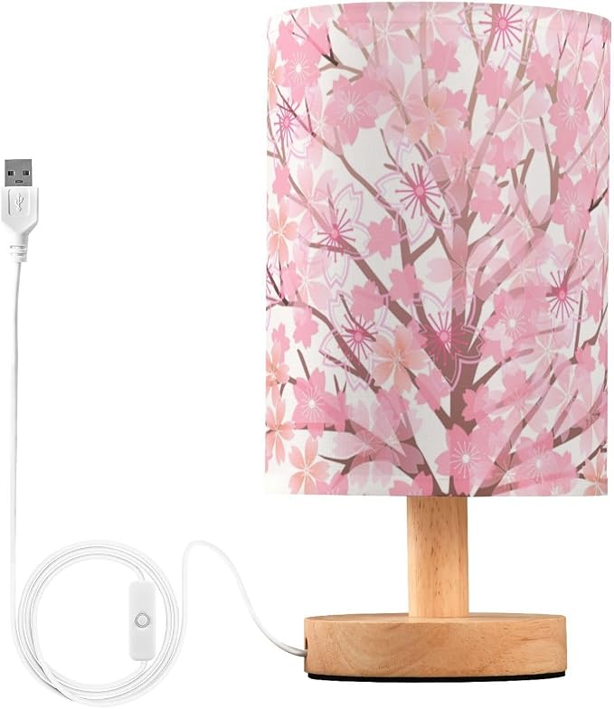 Table Lamp Pink Cherry Blossom Tree Spring Flower Nightstand Lamp with Wood Base Fabric Lamp Shade Bedside Desk Lamp for Living Room Bedroom Kids Room Office