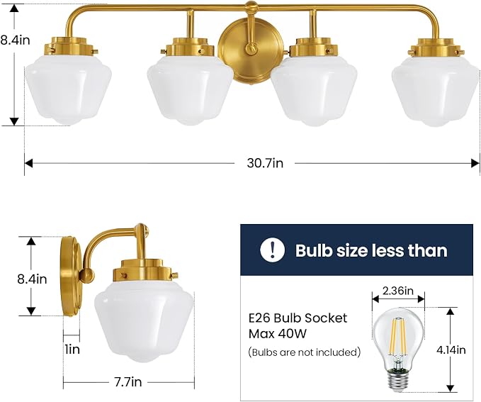 RUIYEY Bathroom Vanity Light Fixtures: 4 Lights Brushed Gold Vanity Lights for Bathroom, E26 60w Hardwired Wall Sconce Lighting with Frosted Milky Glass Over Mirror (Exclude Bulb)