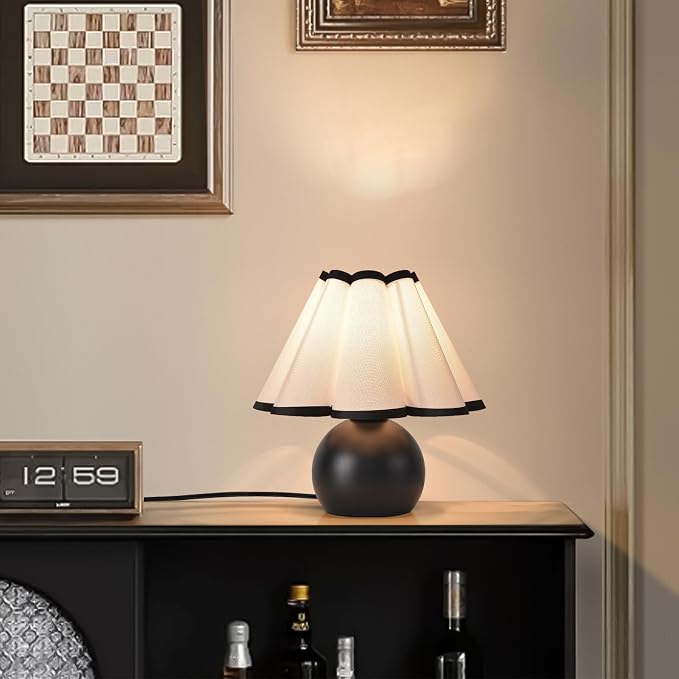 Matte Black Small Touch Control Table Lamp for Bedroom,Black Bedside Lamps for Nightstand,Cute Mini Small Table Lamps for Small Spaces with Scalloped Shade for Kitchen Counter,Bookshelf,Living Room