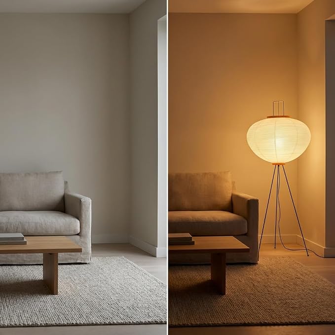 Noguchi Japanese Rice Paper Floor Lamp • 3000K Akari Standing Light for Living Room Bedroom, Modern Paper Lamp Design, Warm White Ambiance Lighting