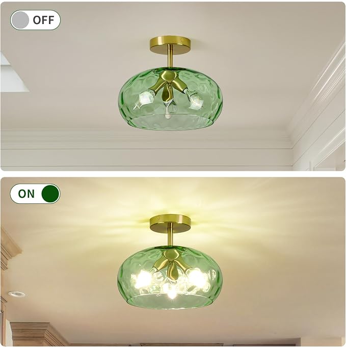 Vintage Semi Flush Mount Ceiling Light ,12″ Art Deco Green Hammered Glass | Gold,Mid Century,Whimsical,MCM,Unique Cute Retro Light Fixtures for Girls Bedroom,Entryway Laundry Room Kitchen Closet Foyer