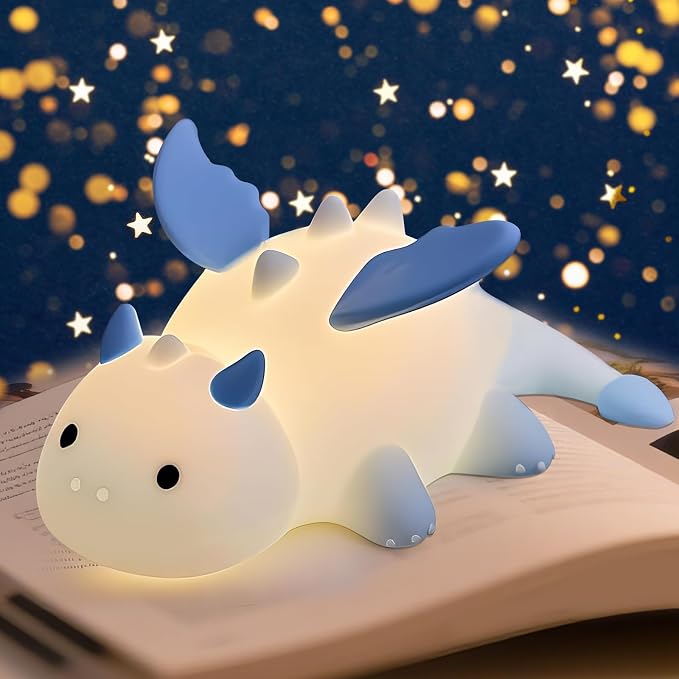 AVEKI Blue Dragon Night Light, Cute Baby Dragon Lamp Gifts for Kids Boys Girls, 10 Modes Dimmable Squishy Silicone Nursery Nightlight, Rechargeable Kids Lamp with Auto Off Timer