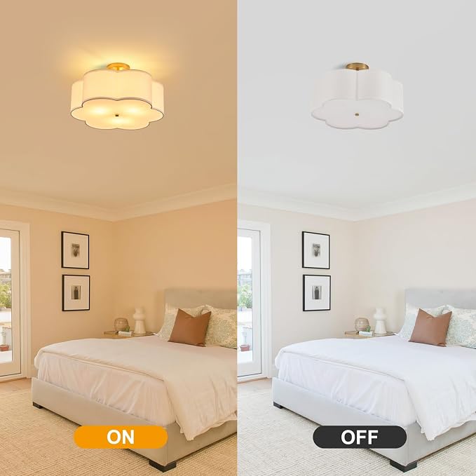 18" Modern Gold Drum Ceiling Light, 3-Light Semi-Flush Mount | Linen Drum Shade, Gold Metal Frame, Modern Style for Laundry Rooms, Kitchens, Basements, Dining Rooms, and Bedrooms, E26 Base