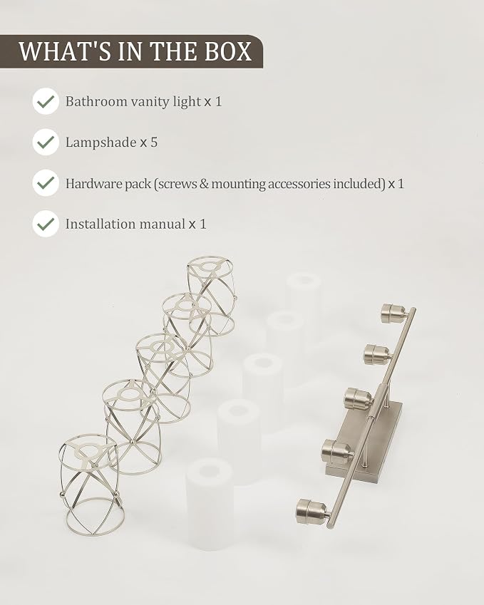 5-Light Brushed Gold Bathroom Light Fixtures Over Mirror, 42" UL-Listed Modern Wall Sconce Lights with Frosted Milk White Glass and Metal Cage for Bath, Hardwire E26, CH9176BNW-5W